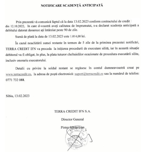terra credit scadenta anticipata